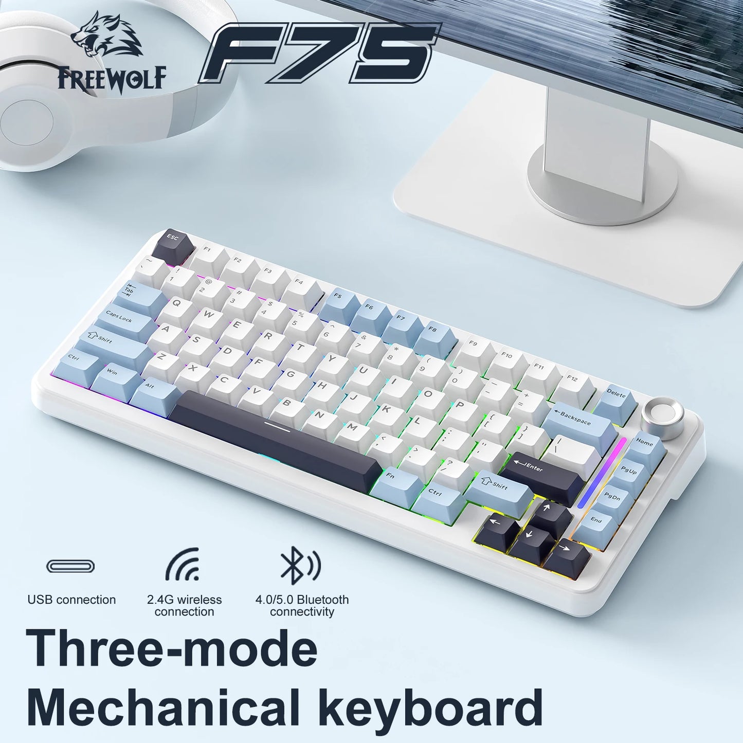 F75 Mechanical Keyboard FREEWOLF 81 Keys Layout Metal Knobs PBT Keycaps, Fully Hot-swappable Keys RGB Multi-color Backlighting