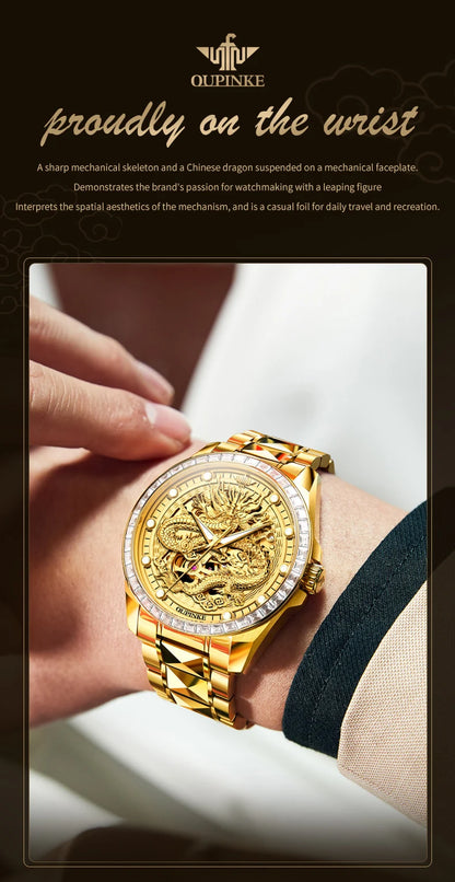 Reloj para hombre OUPINKE de marca de lujo, oro y acero de tungsteno, original, automático mecánico, con esfera decorada con motivo de dragón