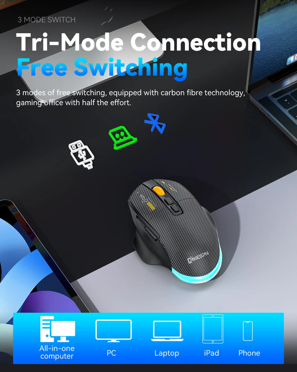 Langaton Bluetooth-pelihiiri, 12800 DPI:n langallinen/langaton RGB-hiiri 7 ohjelmoitavalla painikkeella, PC:lle, kannettavalle tietokoneelle ja pelaamiseen