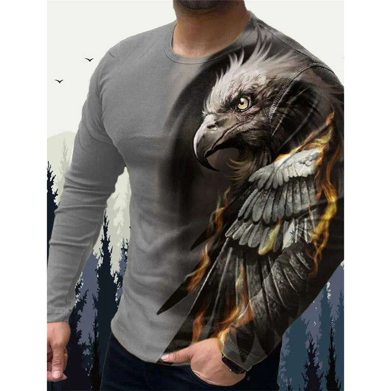 T-shirt pour homme « Wolf Eagle » imprimé en 3D, motif animalier vintage, printemps-automne, manches longues, col rond, coupe ample, style urbain