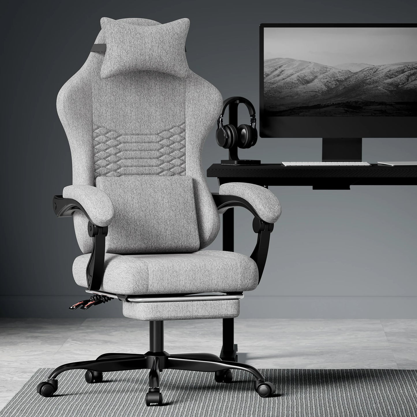 Dark Gray Fabric Gaming Chair, Massage Office Chair with Headrest, Ergonomic Racing Design, Adjustable Footrest, for PC Gamers