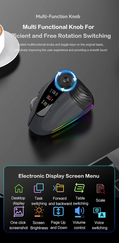 Backlit Wireless Ergonomic Mouse with Smart Flying Scroll, Function Adjustment Knob, Bluetooth & 2.4G Rechargeable Gaming Mouse