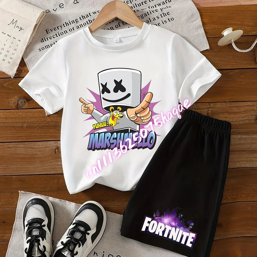 Σετ παιδικό Fortnite με T-shirt και σορτς, μπλουζάκι με εκτύπωση cartoon φιγούρας, καλοκαιρινό casual αθλητικό ένδυμα για αγόρια