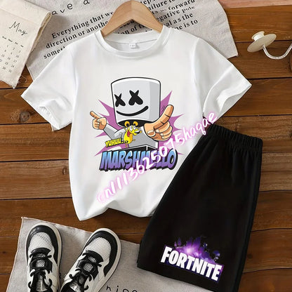 Σετ παιδικό Fortnite με T-shirt και σορτς, μπλουζάκι με εκτύπωση cartoon φιγούρας, καλοκαιρινό casual αθλητικό ένδυμα για αγόρια