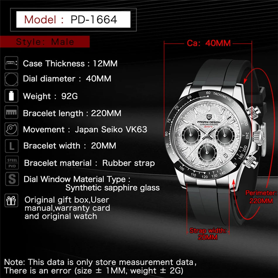 PAGANI DESIGN V2 40MM Relógio masculino de quartzo com mostrador meteorito, safira, cronógrafo retro, impermeável para homem