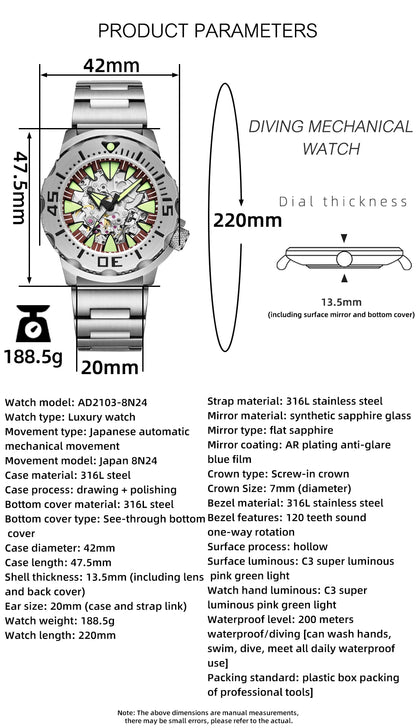 ADDIESDIVE luxury men's skeleton automatic watch sapphire glass BGW9 luminous diver's watch 200m men analog mechanical watches