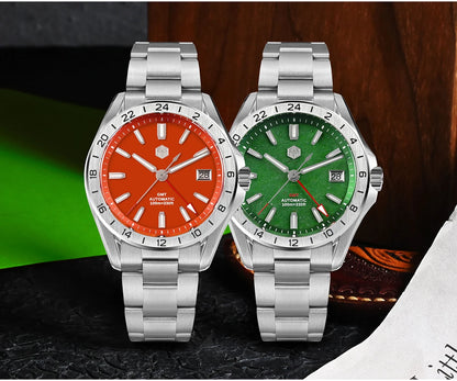 Relógio de Luxo para Homem San Martin 39mm com Mostrador em Pedra Aventurina, NH34 GMT Automático Mecânico, Safira, Impermeável e Luminescente SN0129