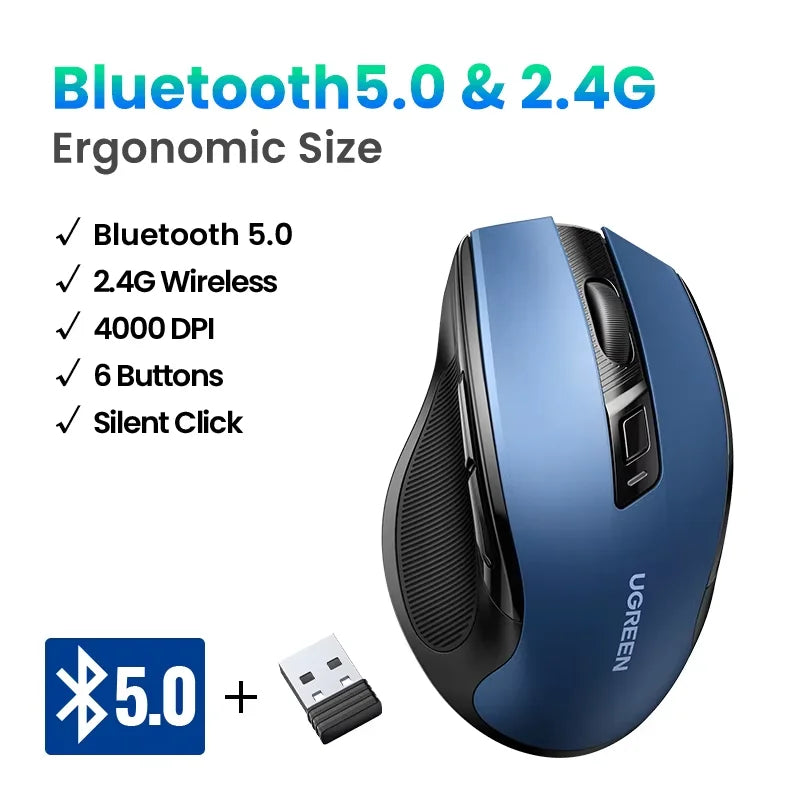 UGREEN langaton hiiri Bluetooth 5.0, ergonominen 4000DPI, 6 hiljaista painiketta, MacBookille, tabletille, kannettaville tietokoneille, tietokoneelle ja PC:lle, 2.4G-hiiri