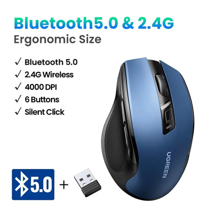 UGREEN langaton hiiri Bluetooth 5.0, ergonominen 4000DPI, 6 hiljaista painiketta, MacBookille, tabletille, kannettaville tietokoneille, tietokoneelle ja PC:lle, 2.4G-hiiri