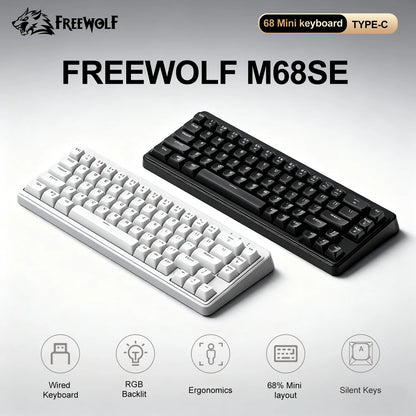 FREEWOLF M68SE 68% Mini Wired Keyboard RGB Backlit Silent Mechanical Feel Type-C Detachable Cable for PC Mac