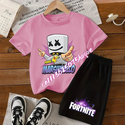 Σετ παιδικό Fortnite με T-shirt και σορτς, μπλουζάκι με εκτύπωση cartoon φιγούρας, καλοκαιρινό casual αθλητικό ένδυμα για αγόρια