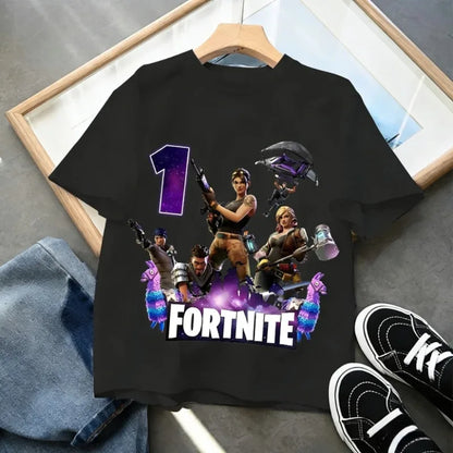 Fortnite Kinder-Geburtstagszahl-T-Shirt für Mädchen und Jungen, Sommerkleidung, Baby-T-Shirt aus Baumwolle, kurzärmliges Party-Oberteil, Geschenk für Kleinkinder