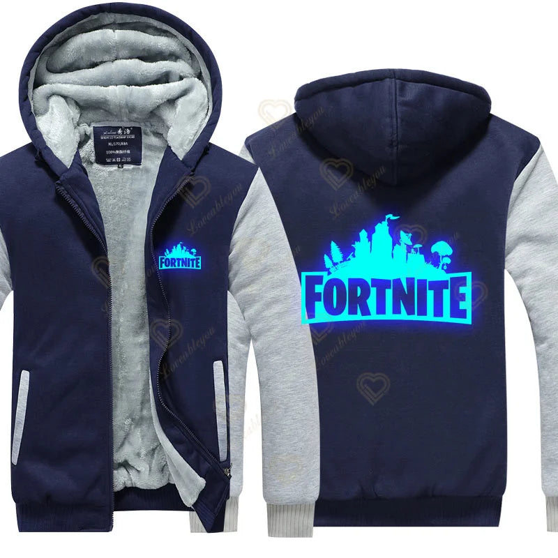 Winter Warm Fortnite Luminescent Hoodies Men Women Game Cosplay Sweatshirts Thick Fleece Zipper Couple Jacket&Coat