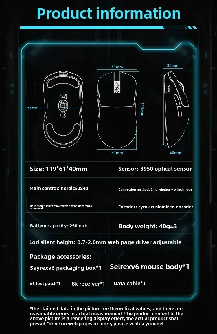 SCYROX V6 nieporowata bezprzewodowa mysz e-sportowa 40g 750IPS z odbiornikiem 8k, szybka reakcja, 3950, wysoka jakość, 8KHz, mysz gamingowa