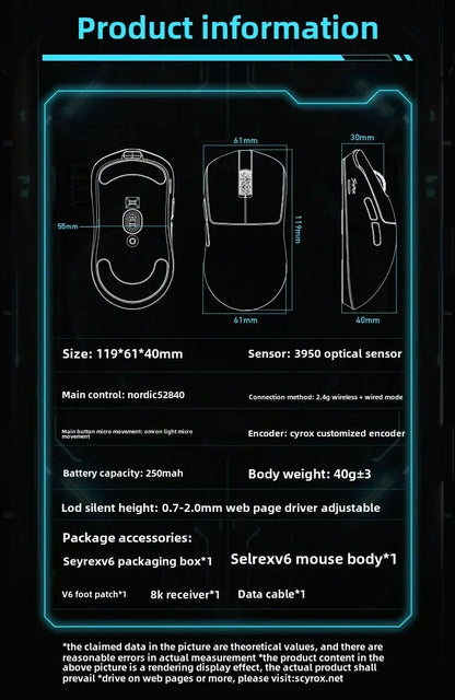 SCYROX V6 nieporowata bezprzewodowa mysz e-sportowa 40g 750IPS z odbiornikiem 8k, szybka reakcja, 3950, wysoka jakość, 8KHz, mysz gamingowa