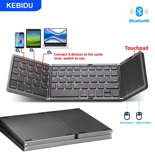 3-Folding Keyboard Mini Wireless Keyboard Foldable Dual Bluetooth Keyboard with Touchpad for Windows Android IOS iPad Phone