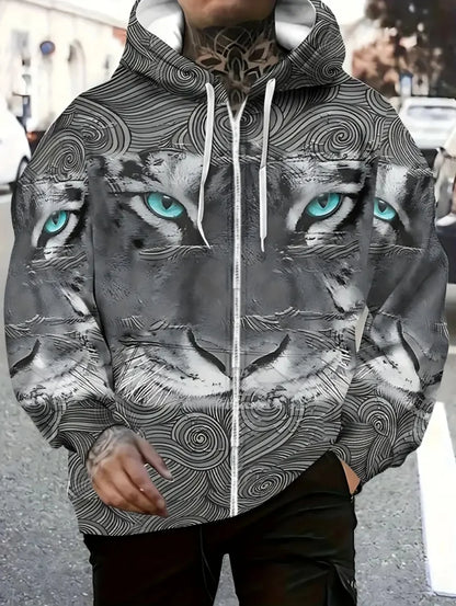 2025 Mens Long Sleeve Zip up Tiger Graphic Hoodie Casual Outdoor Fashion Coat with Drawstring and Pockets Zipup Hoodie for Man