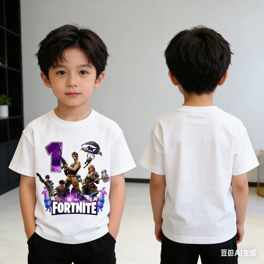 Fortnite Kinder-Geburtstagszahl-T-Shirt für Mädchen und Jungen, Sommerkleidung, Baby-T-Shirt aus Baumwolle, kurzärmliges Party-Oberteil, Geschenk für Kleinkinder