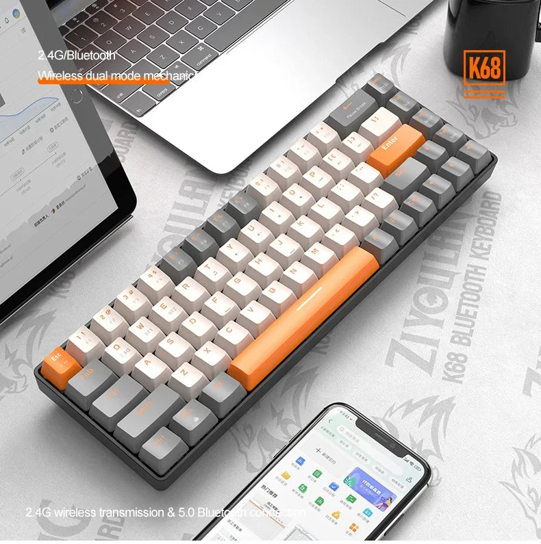 K68 2.4G/BT5.0 Wireless Gaming Mechanical Keyboard 68 Keys Hotswap Mini Gaming Mechanical Keyboard PBT Keycaps 65% Keyboards