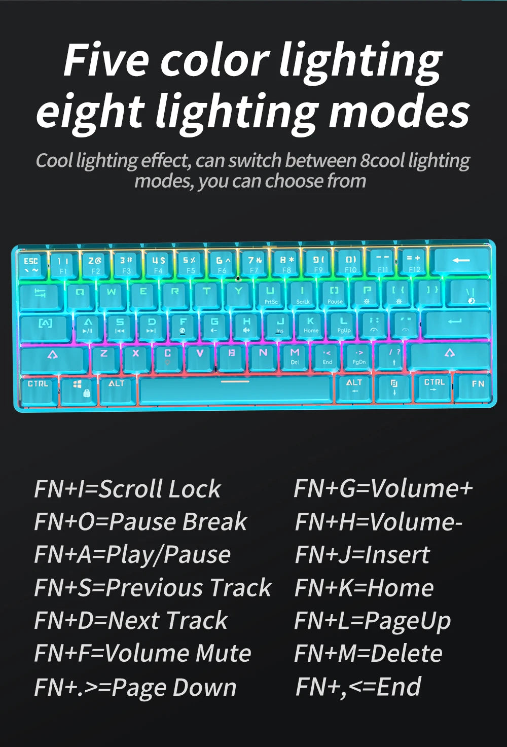 MUCAI MK61 USB Gaming Esports Mechanical Keyboard 61 Key Red Axis Wired Detachable Cable RGB Backlight Hot Swap