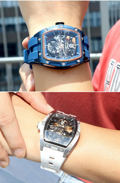 MEGIR Automatic Wristwatch Men Fashion Black Silicone Strap Wateproof Luminous Sport Mechanical Watch with Tonneau Dial 2242