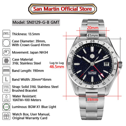Relógio de Luxo para Homem San Martin 39mm com Mostrador em Pedra Aventurina, NH34 GMT Automático Mecânico, Safira, Impermeável e Luminescente SN0129
