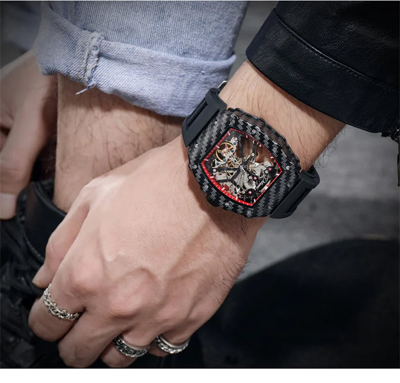 Mechanické hodinky s tourbillonem pro muže, silikonový řemínek, skeletové, tvaru tonneau, automatické, luxusní pánské hodinky Reloj Hombre