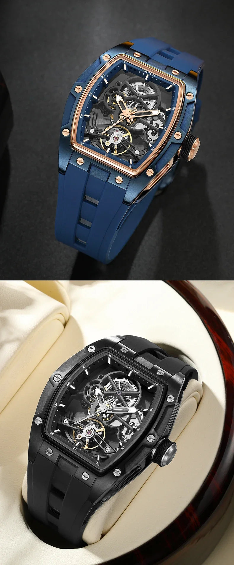MEGIR Automatic Wristwatch Men Fashion Black Silicone Strap Wateproof Luminous Sport Mechanical Watch with Tonneau Dial 2242