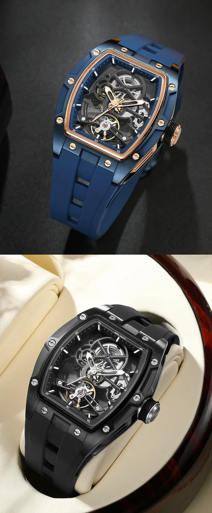 MEGIR Automatic Wristwatch Men Fashion Black Silicone Strap Wateproof Luminous Sport Mechanical Watch with Tonneau Dial 2242