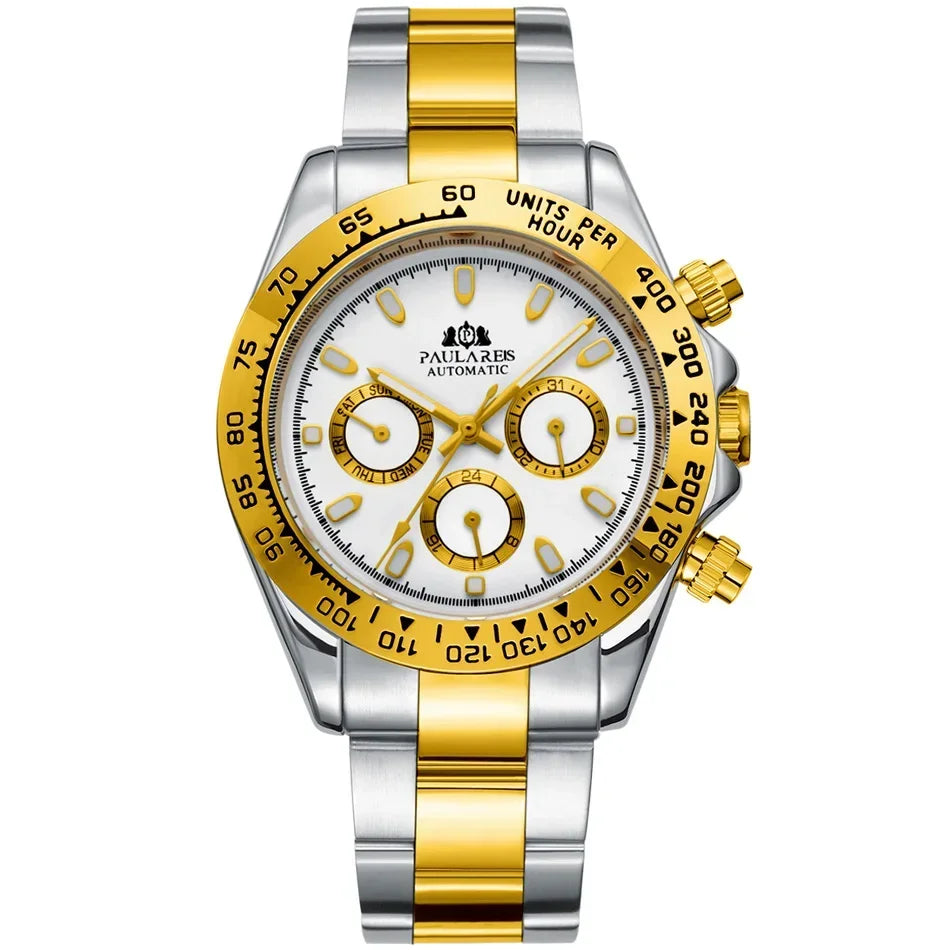 Automatic Mens Watch Self Wind Mechanical Gold Stainless Steel Glacier Ice Blue Dial Chestnut Brown Bezel Luminous Men Watches