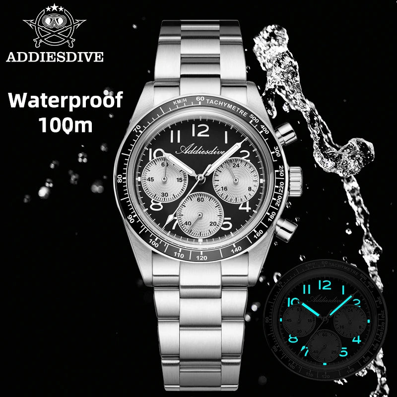 ADDIESDVIE Men Watch Reloj Hombre 10Bar Waterproof AD2517 BGW9 Super Luminous 316L Stainless Steel VK63 Chronograph Quartz Watch