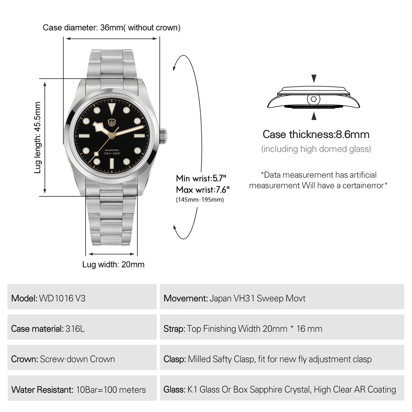 Watchdives WD1016 V3 Watch 37mm VH31 Sweep Quartz Movemet Stainless Steel Watch Waterproof Luminous Sapphire Men Wristwatch