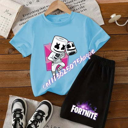 Σετ παιδικό Fortnite με T-shirt και σορτς, μπλουζάκι με εκτύπωση cartoon φιγούρας, καλοκαιρινό casual αθλητικό ένδυμα για αγόρια