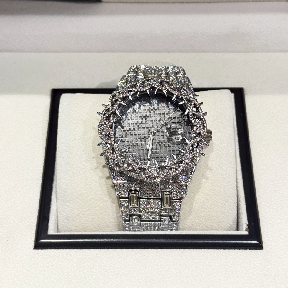 Luxury Full Diamond Men's Quartz Watch Thorn Bracelet Hip Hop Style Date Display with Luminous Function Men business Wristwatch