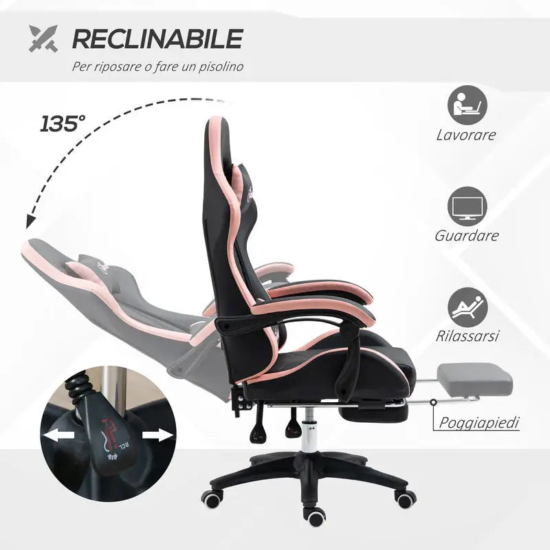 Adjustable Height Gaming Chair with Headrest, Ergonomic Gaming Chair with Footrest, PU Leather Computer Chair for Gaming Desk, Pink & Black