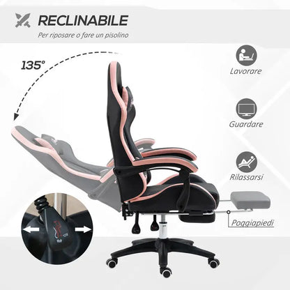 Adjustable Height Gaming Chair with Headrest, Ergonomic Gaming Chair with Footrest, PU Leather Computer Chair for Gaming Desk, Pink & Black
