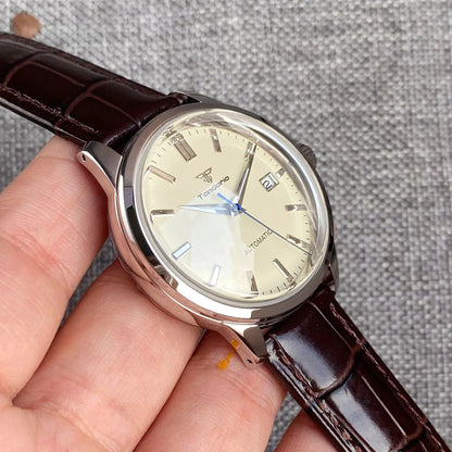 Tandorio 40mm Japanese NH35 Automatic 200M Diving Watch Men Beige Dial Bubble Sapphire Polished Case Glass Back Screw Crown