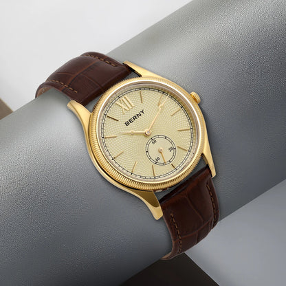 BERNY Luxury Watches for Men Classic Elegance Slim Dress Gold Quartz Men's Watch Leather Strap Fashion Business Wristwatch