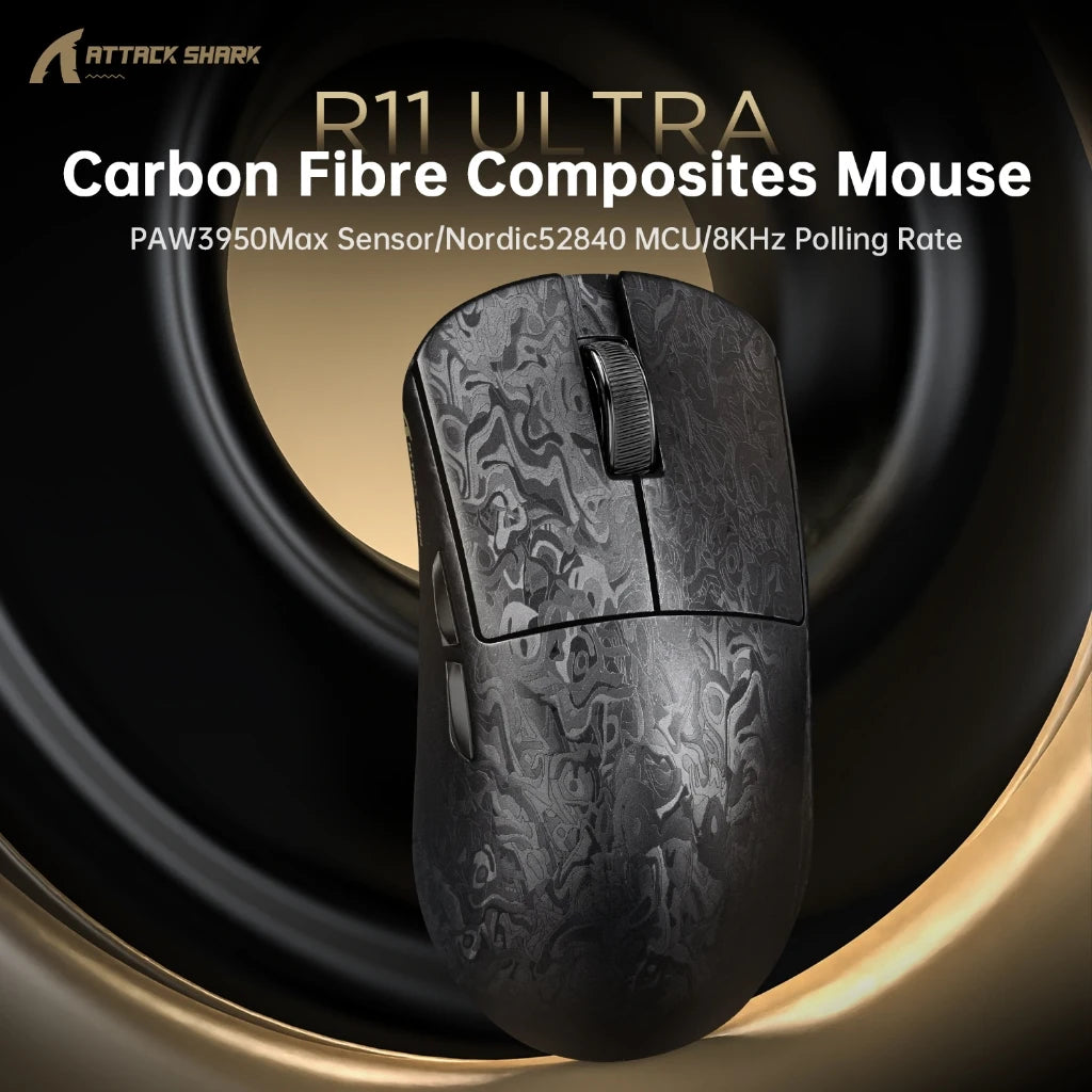Attack Shark R11 Ultra 8K Carbon Fiber Gaming Mouse, PAW3950MAX, 49g Ultra-Lightweight, Wireless 8000Hz Polling,Tri-Mode