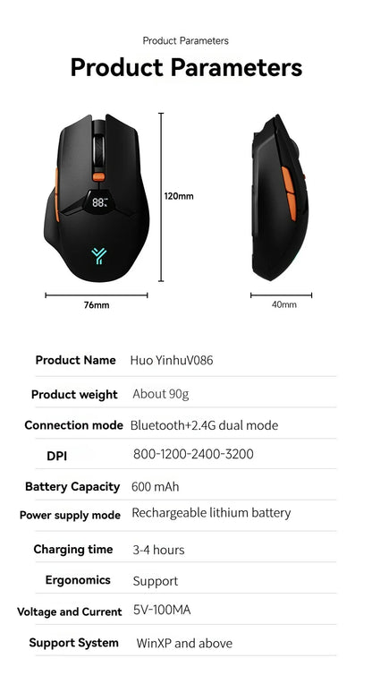 Bezprzewodowa mysz Bluetooth 2.4G z wyświetlaczem, akumulatorem 600mAh o dużej pojemności i cichymi przyciskami do gamingu oraz pracy biurowej