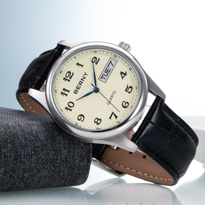BERNY Quartz Watch for Men Miyota 2405 Business Male Wristwatch Day Top Calendar Genuine Leather Classic Men Watches Waterproof