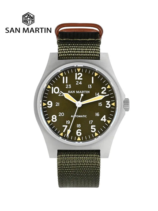 San Martin Pilot Watch 38mm NH35 Retro Military Automatic Mechanical Wristwatch Bead Blasted Case Waterproof 100m SN0137