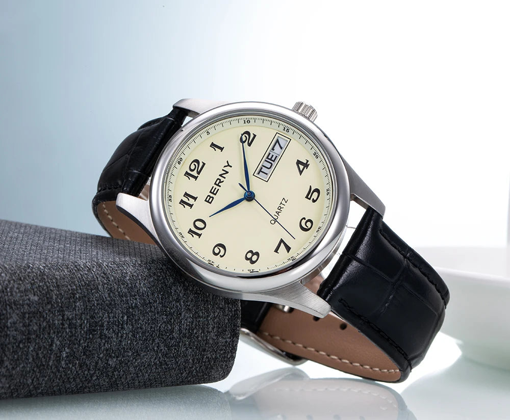 BERNY Quartz Watch for Men Miyota 2405 Business Male Wristwatch Day Top Calendar Genuine Leather Classic Men Watches Waterproof