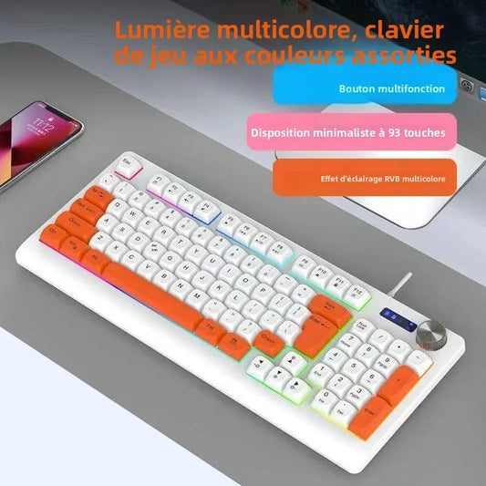 93 Keys Wired Gaming Keyboard with RGB Backlight Multi-Function Knob Color Matching Mechanical Feel Keyboard for PC Laptop Gamer