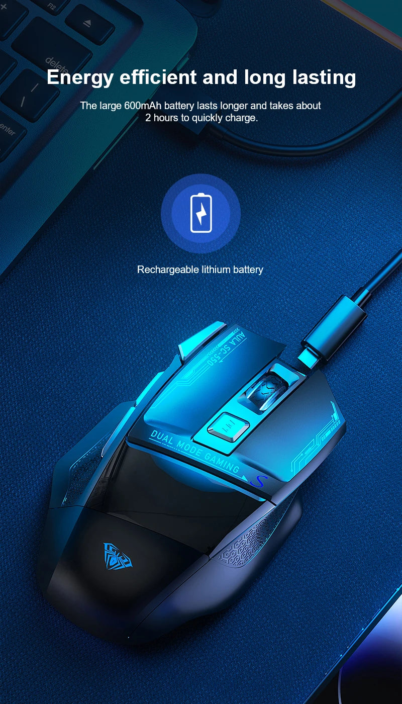 AULA SC550 žaidimų pelė, 2.4G belaidė makro pelė su RGB apšvietimu, ergonomiško dizaino e. sporto pelė, PC priedai