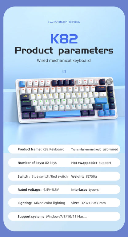 K82 75% Wired Mechanical Keyboard RGB Backlight, 82 KEY, Full Key Hot Swappable Blue Switch, Multifunctional Knob, Windows & Mac