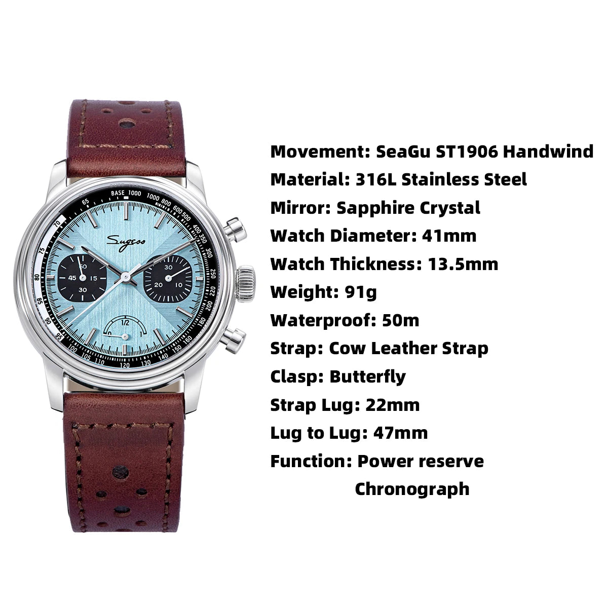 Sugess Men's Pilot 1963 Wristwatch ST1906 Chronograph Handwind Movement Domed Sapphire Waterproof Power Reserve Lume V2