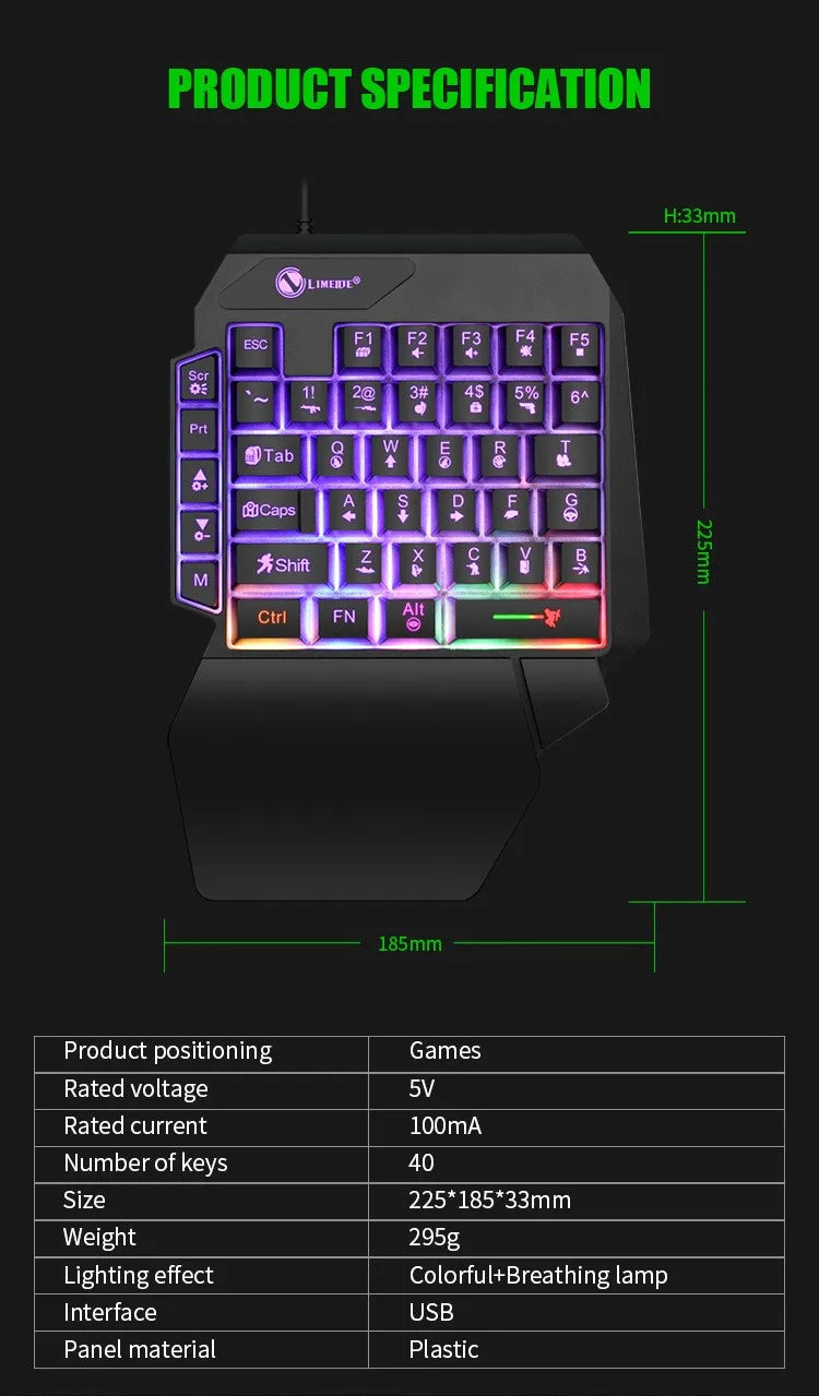 35keys One Handedly Single Hand Mini Gaming Keyboard USB Ultra-slim Wired Backlight Keyboard for Laptop Desktop PC Smartphone