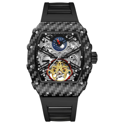 Mechanické hodinky s tourbillonem pro muže, silikonový řemínek, skeletové, tvaru tonneau, automatické, luxusní pánské hodinky Reloj Hombre