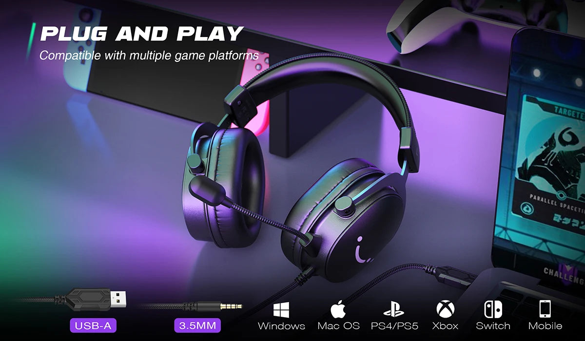 FIFINE Headset, 3.5 mm jack & USB Headphone with 7.1 Surround Sound/volume control/Mute switch for PC/MAC/PS4/PS5 Mixer-H9